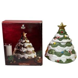 Holiday Time Christmas Tree Cookie Jar Green/White/Red/Gold Ceramic EUC